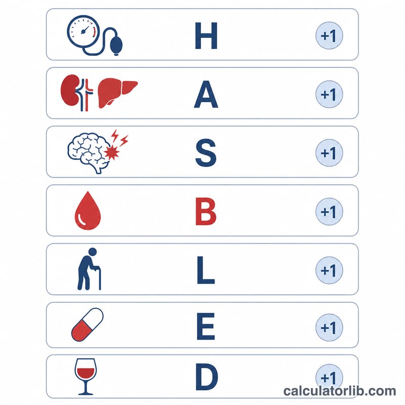 Diagram showing the eight HAS-BLED criteria each contributing points to a total score
