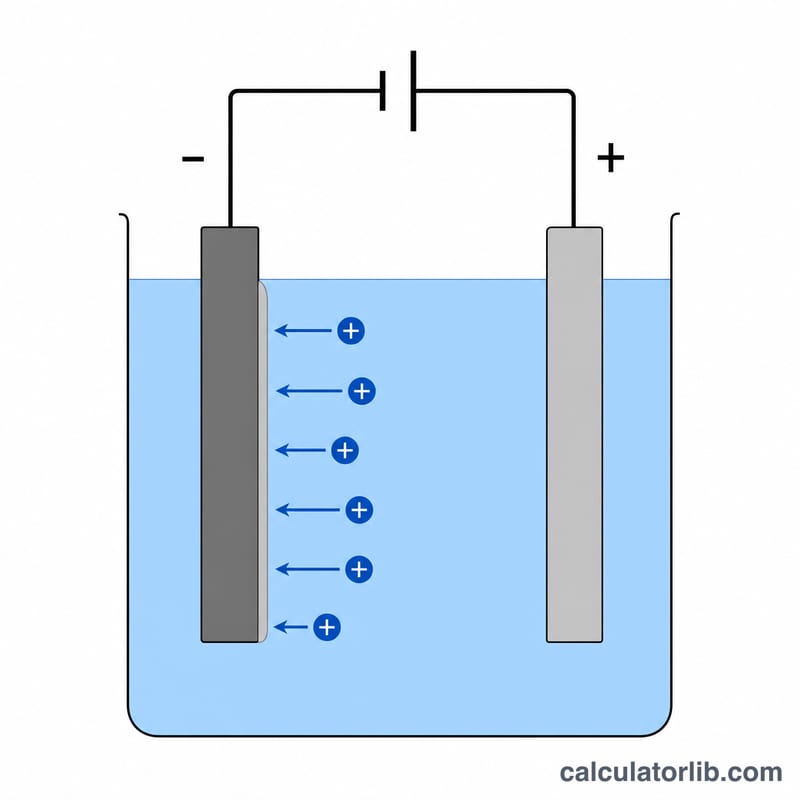 Electrolysis cell with two electrodes in solution connected to a battery