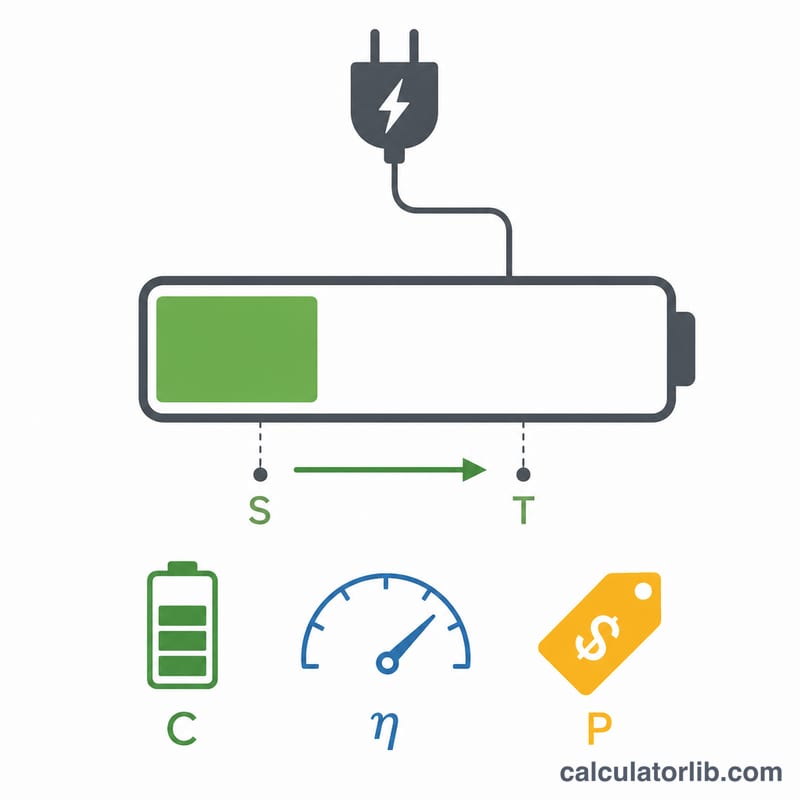 Flat diagram showing battery charge level rising from a start percentage to a target percentage with energy and cost flow
