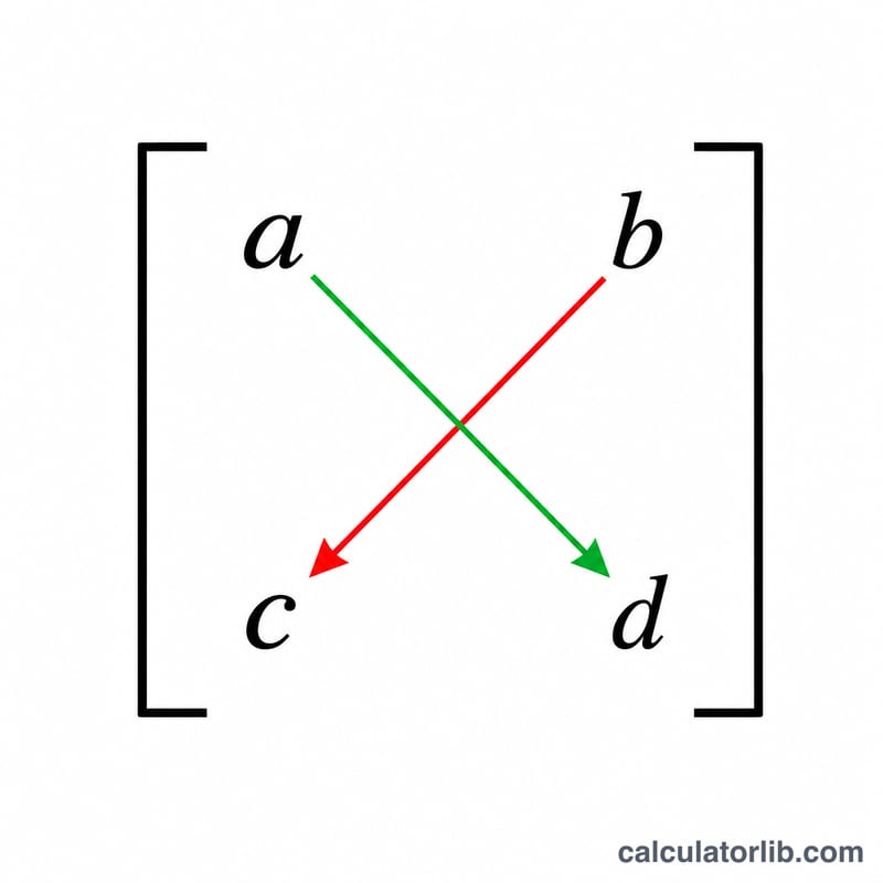 Matrice 2x2 avec des flèches de produit diagonal montrant ad moins bc