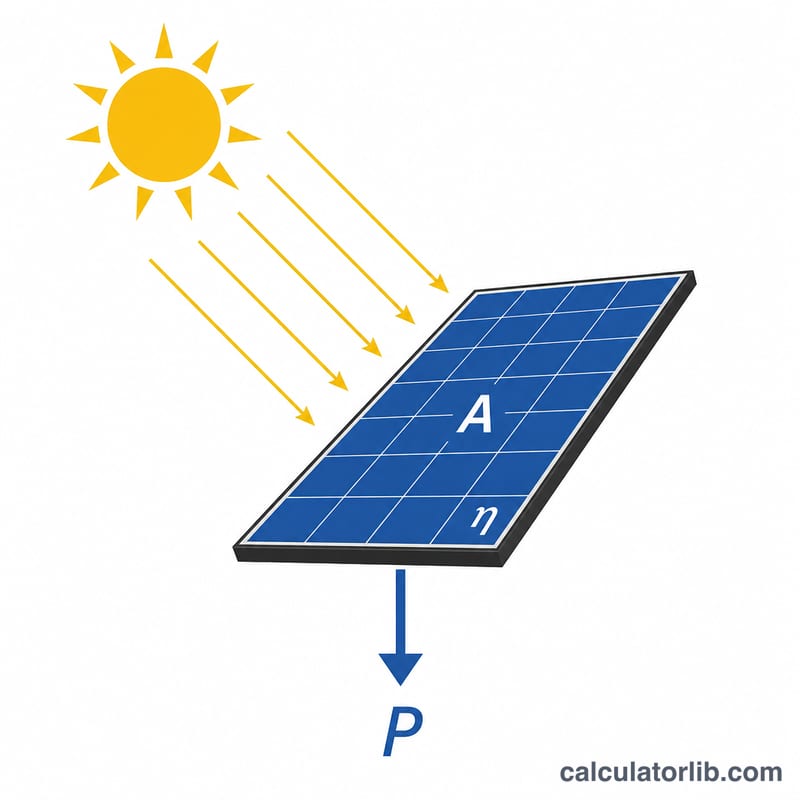 Solar panel receiving sunlight with area A, irradiance arrows G, efficiency eta, and power output P