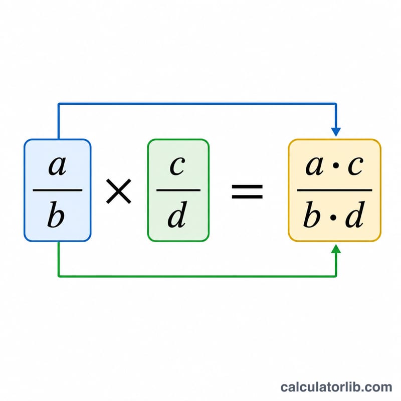 Two fractions a/b and c/d multiplied straight across to give ac over bd