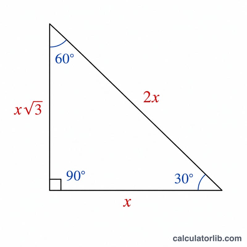 30-60-90 right triangle with angles 30, 60, 90 and sides x, x√3, 2x