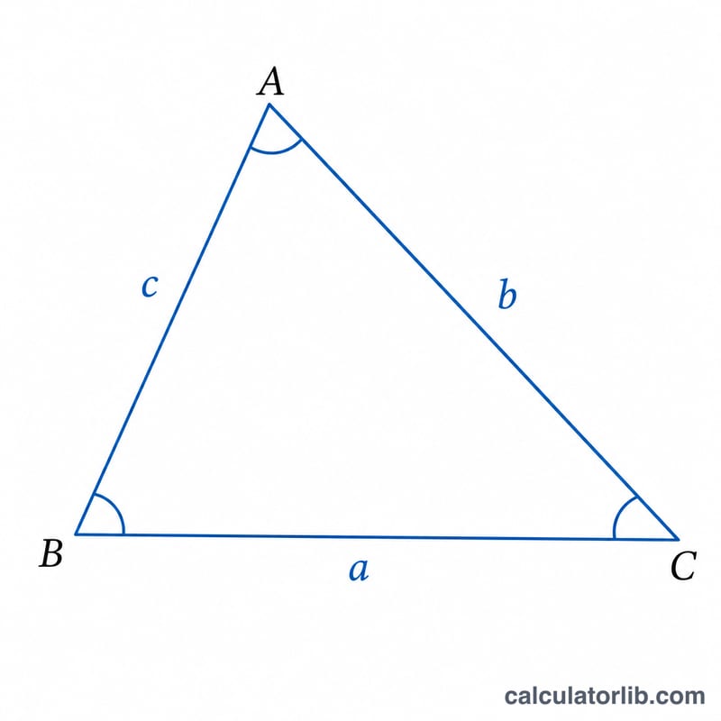 Triangle with vertices A, B, C and opposite sides a, b, c, with arcs marking the interior angles.