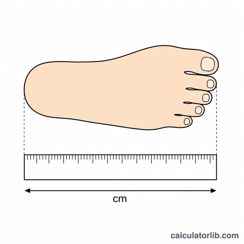 Foot outline with a ruler measuring length from heel to longest toe