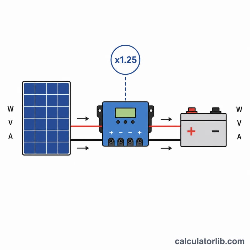 Flat diagram showing solar panel connected to charge controller and battery with current flow and a 1.25 multiplier label