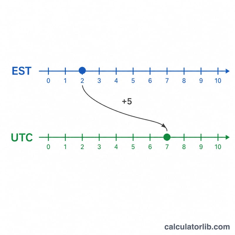 Diagram showing EST time shifted forward by 5 hours to get UTC time