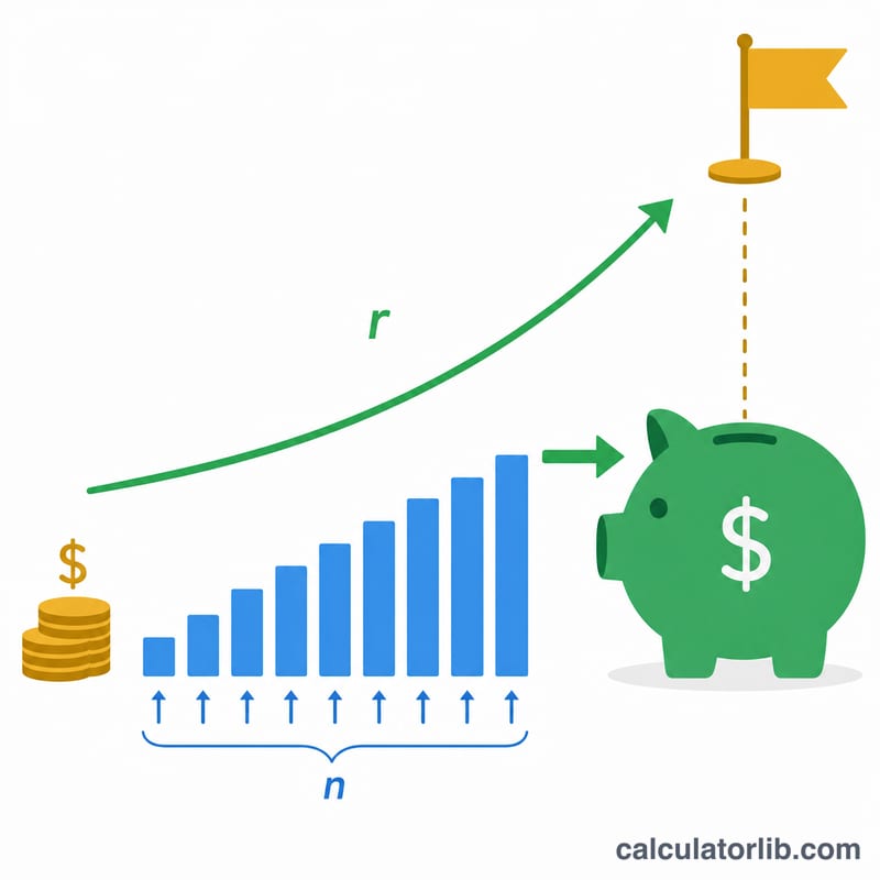 Diagram showing monthly contributions and current savings growing over time to reach a retirement target