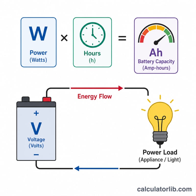 Diagram relating watts, runtime hours and voltage to battery amp-hours