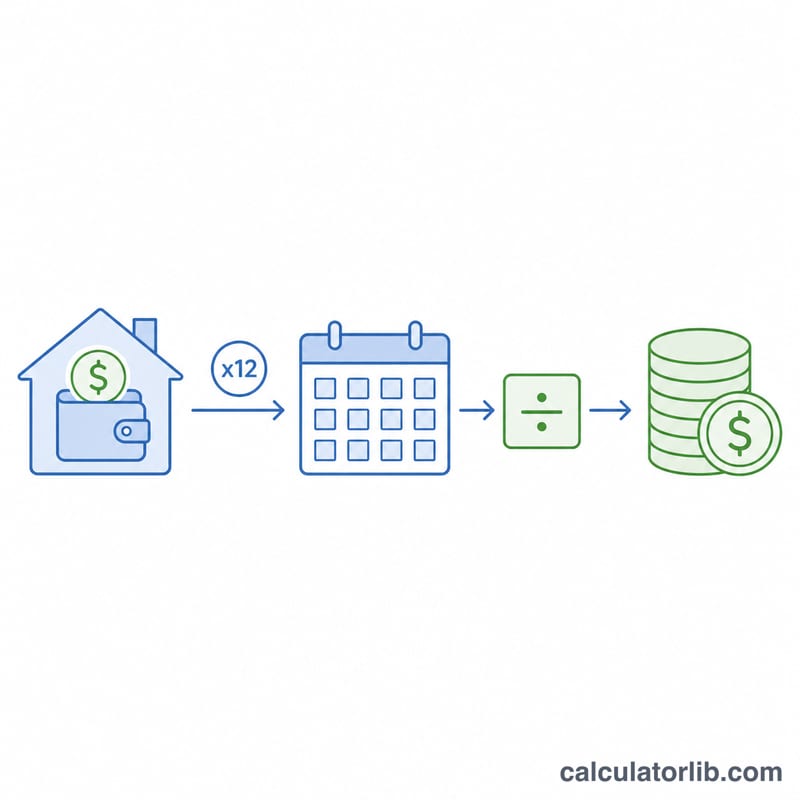 Flat diagram showing monthly expenses scaled up by twelve months then divided by one minus the tax rate to reach gross annual salary