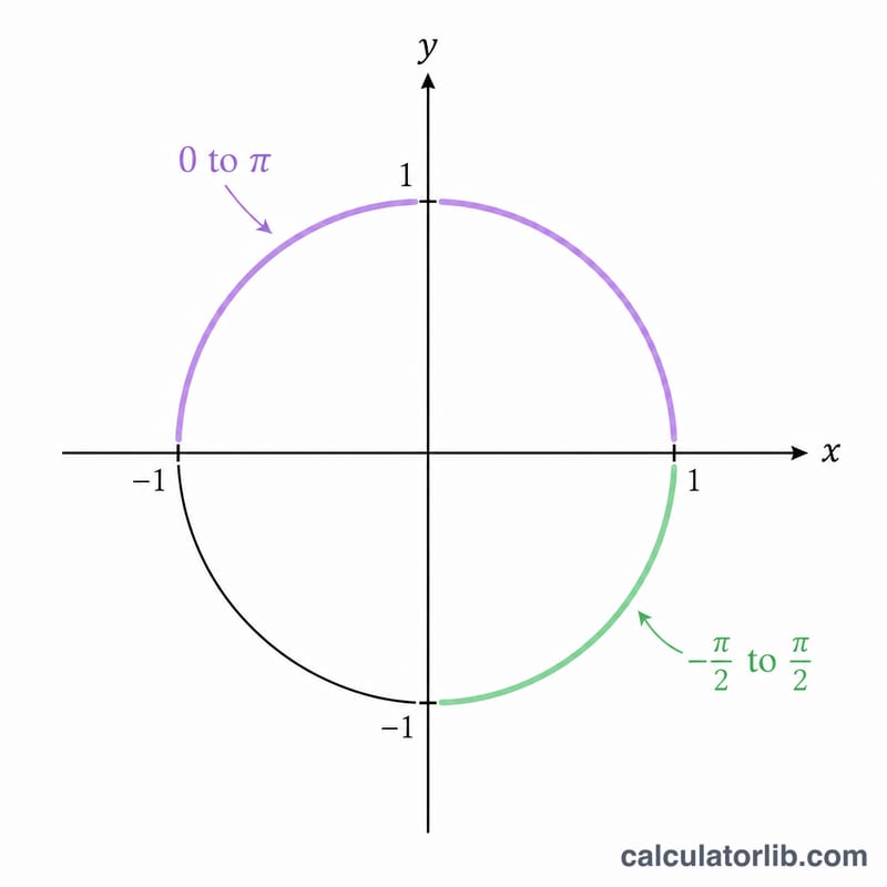 Unit circle showing principal value ranges of inverse trig functions as colored arcs
