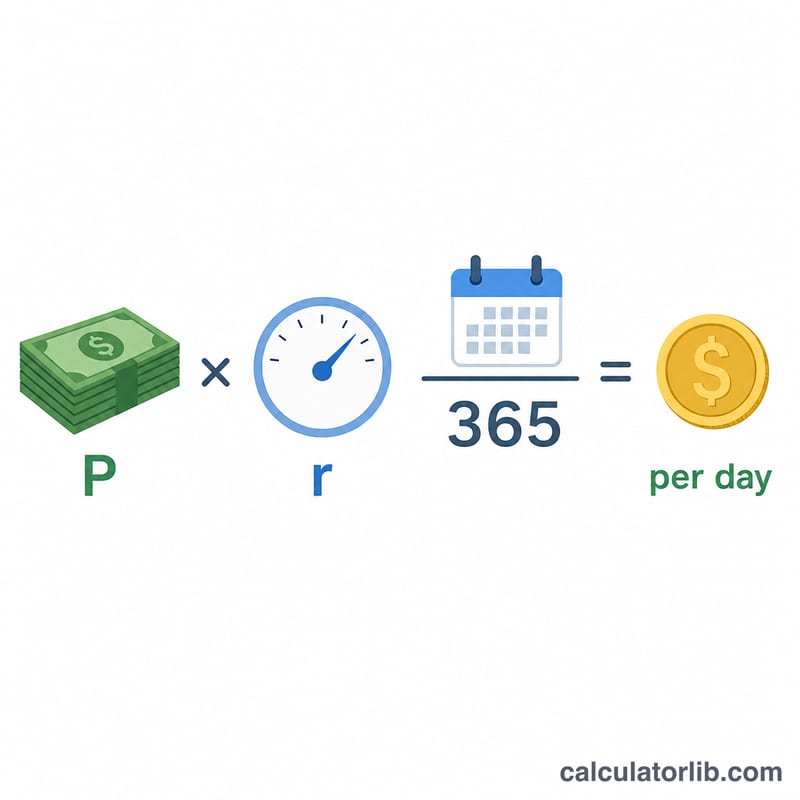 Diagram showing principal times annual rate divided by 365 equals daily interest