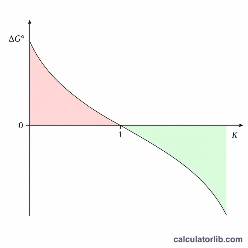 Curve showing ΔG° decreasing as K increases, crossing zero at K equals 1