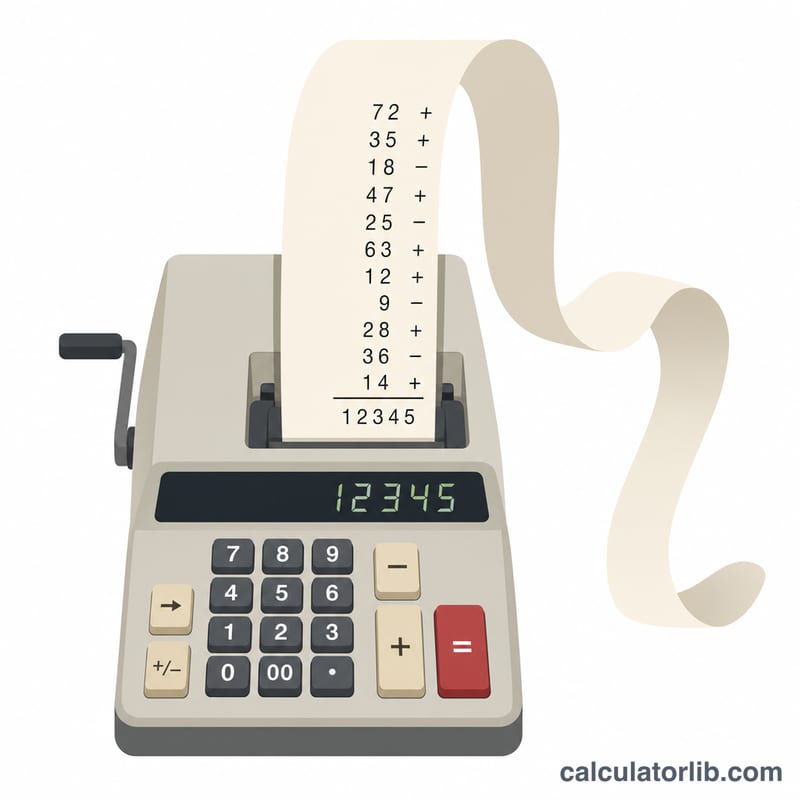 Adding machine with a paper tape showing a column of numbers and a running total
