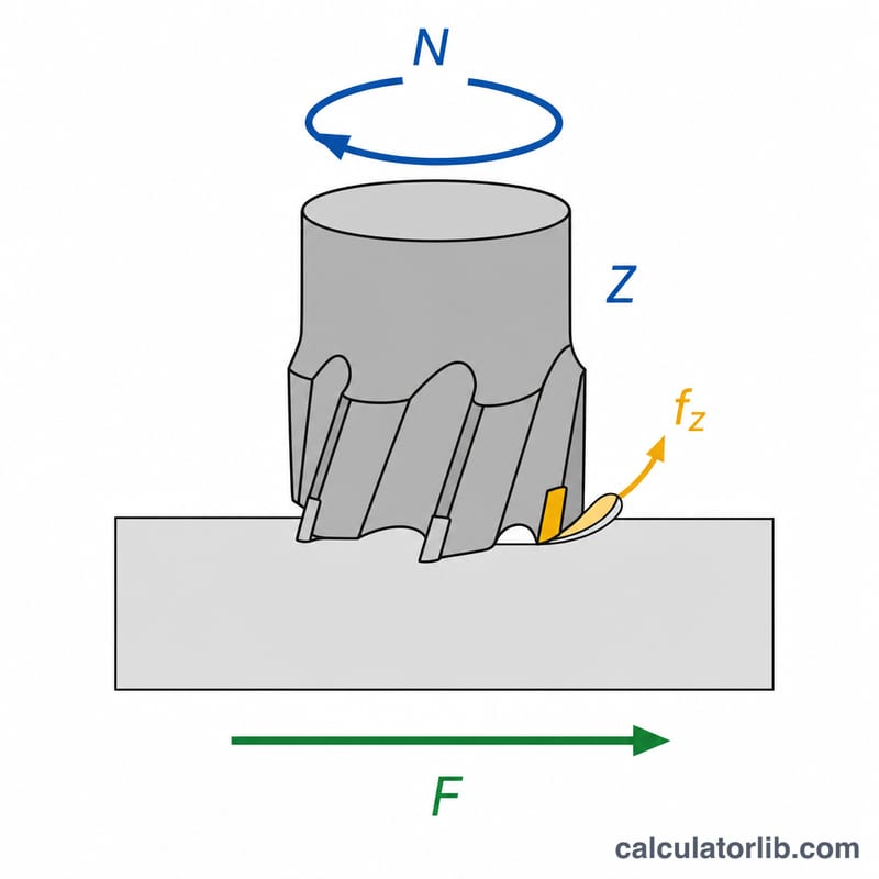 Diagram of milling feed rate formula factors: spindle RPM, number of teeth, and feed per tooth