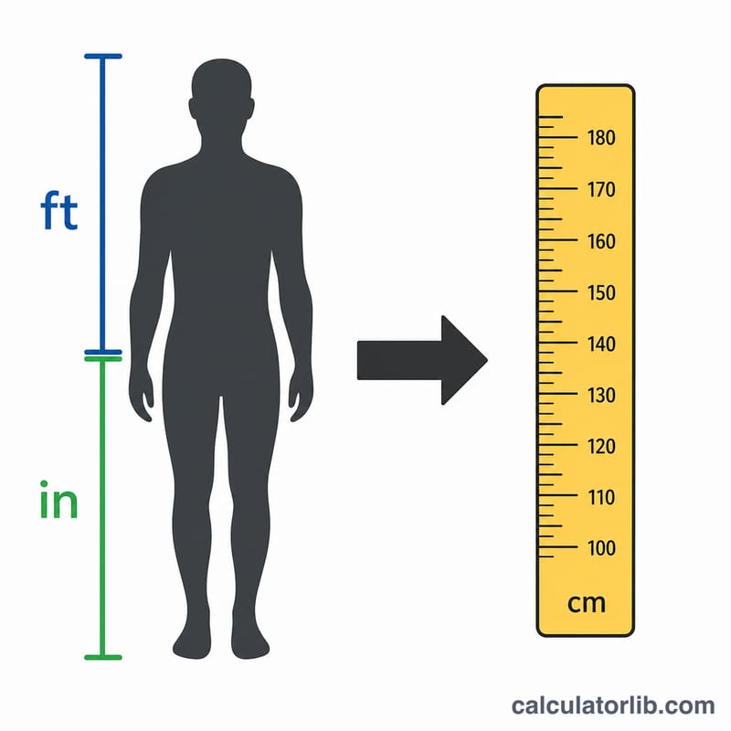 Diagram converting a person's height in feet and inches into centimeters