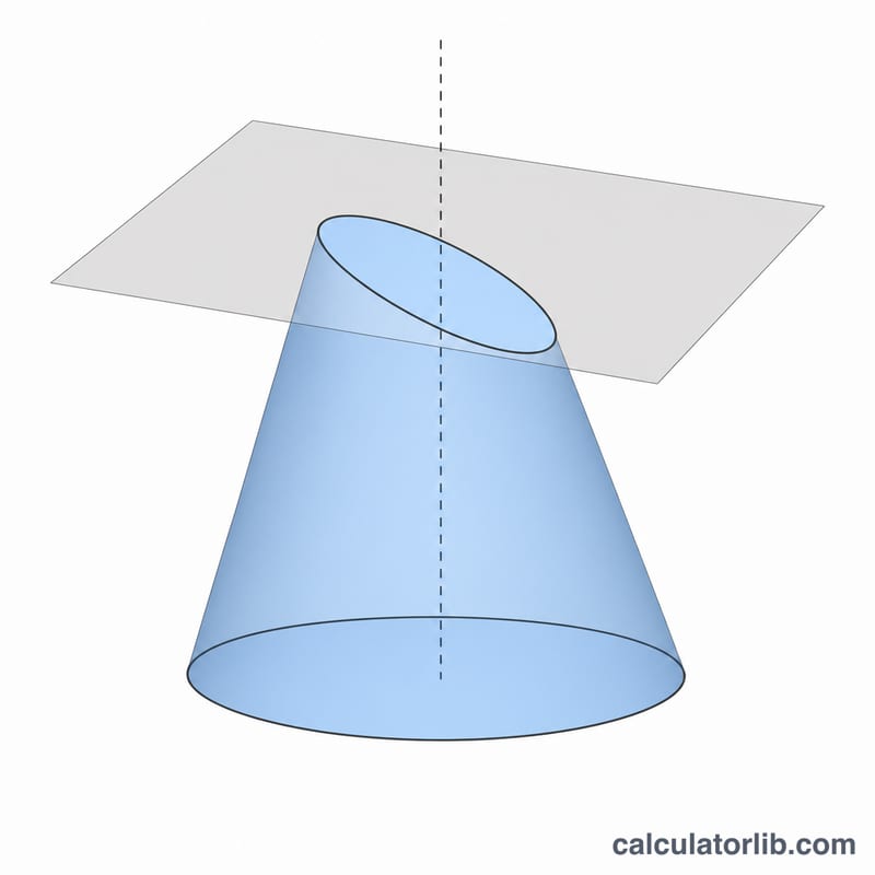 3D right circular cone truncated by a flat plane that is tilted relative to the base, forming a slanted elliptical top