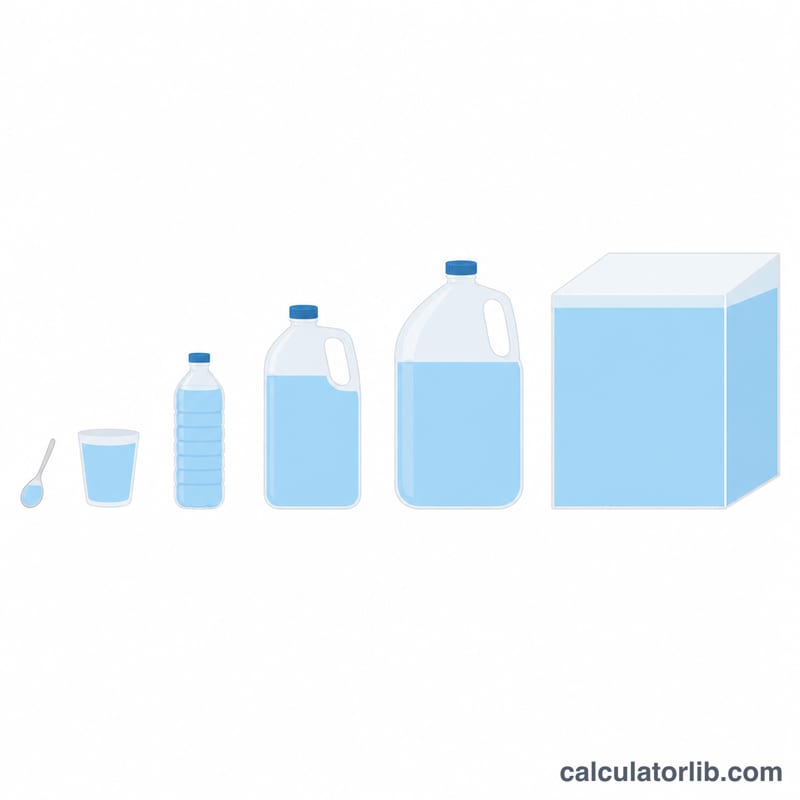 Comparison of common volume units shown as containers of different sizes