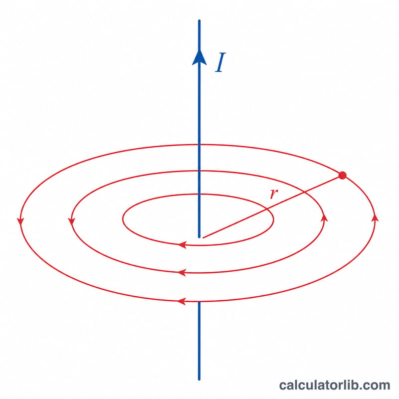 Straight wire with current arrow and concentric circular magnetic field lines around it