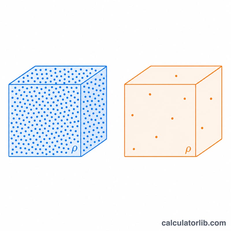 Diagram showing density as mass packed into a fixed volume, comparing dense and light materials