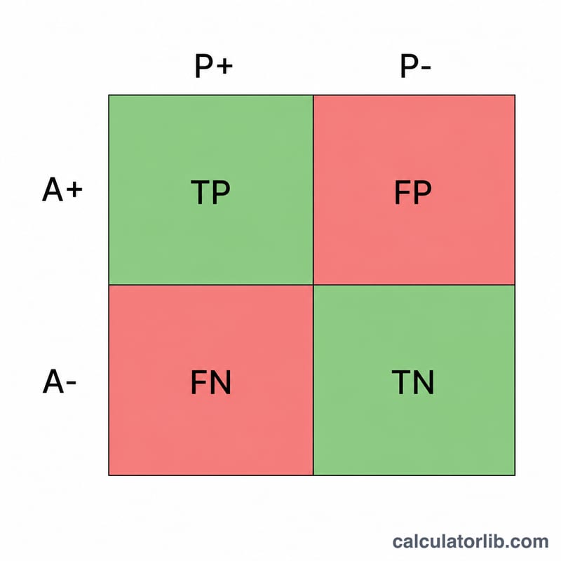 2x2 confusion matrix showing TP, TN, FP and FN cells