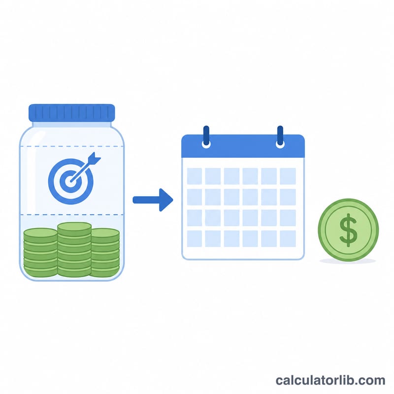 Diagram showing a savings goal minus already saved, divided by days remaining, equaling a daily amount