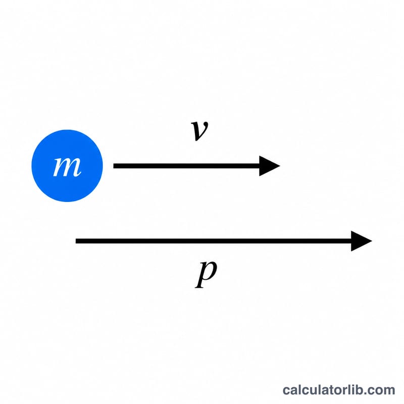 Diagram showing a moving ball with momentum p equals mass m times velocity v as an arrow