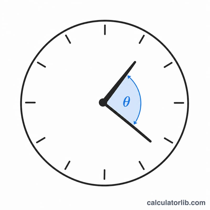 Clock face showing the angle between hour and minute hands with degree markings
