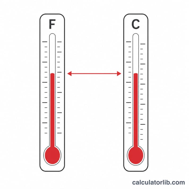 Two thermometers showing equivalent Fahrenheit and Celsius readings linked by an arrow