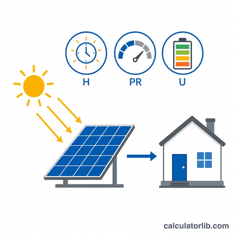 Diagram showing sunlight hitting a solar panel and powering a house, with factors U, H, and PR