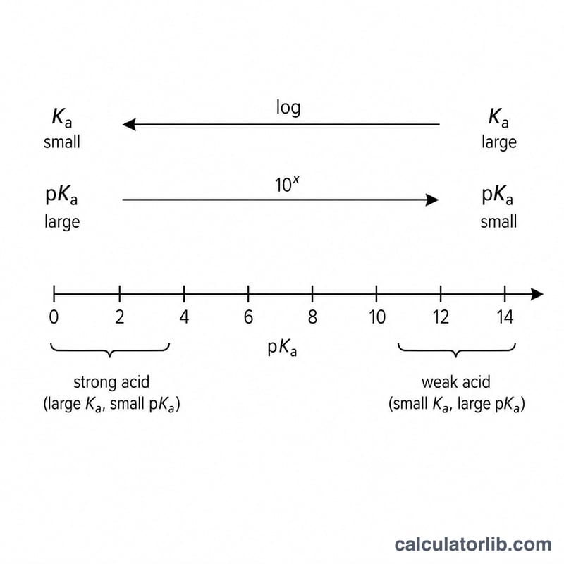 Diagram showing Ka and pKa are inversely related via logarithm