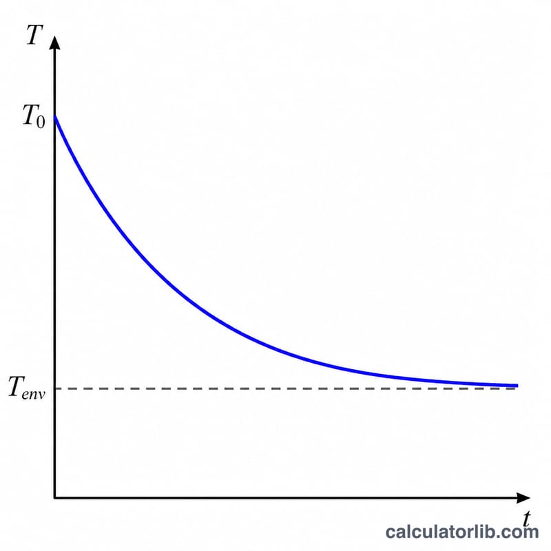 Exponential decay curve of object temperature approaching ambient temperature over time