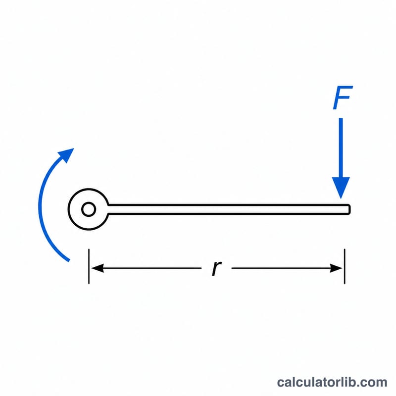 Diagram showing torque as a force applied at the end of a lever arm rotating about a pivot