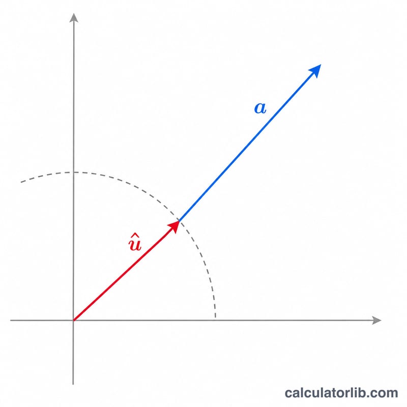 A long vector a and a shorter unit vector u-hat pointing in the same direction from the origin