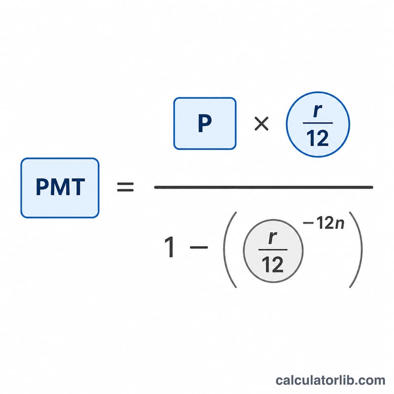 Diagram breaking down the monthly payment formula into numerator and denominator