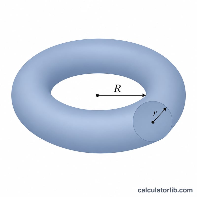 Torus with major radius R and minor radius r labeled