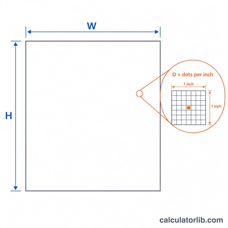 Rectangle d'impression de largeur L et de hauteur H avec une grille de pixels agrandie montrant la densité de points