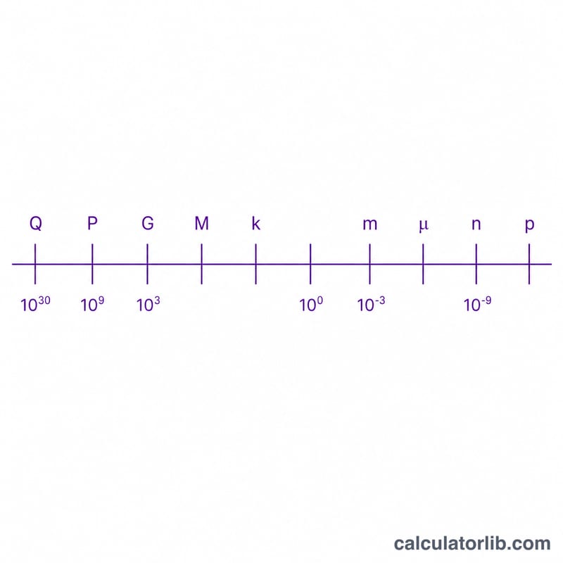 Number line of SI prefixes arranged by power of ten