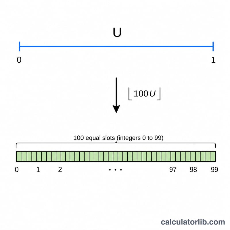 0〜1 の一様な値 U を 1〜100 の整数に対応づける図