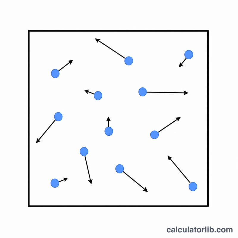 Gas molecules moving in random directions inside a container with a speed distribution curve