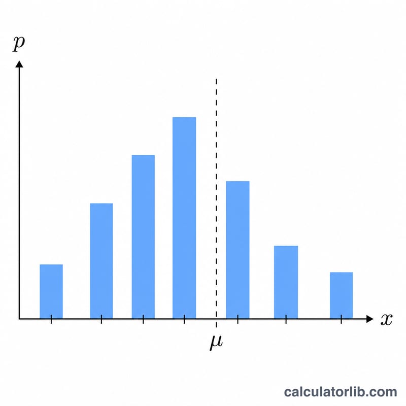 Bar chart of a discrete probability distribution with a dashed line marking the mean