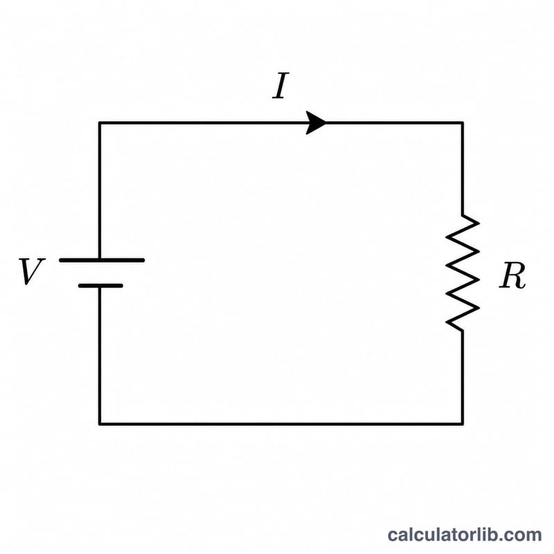 Simple circuit with a battery (V), a resistor (R) and current arrow (I)