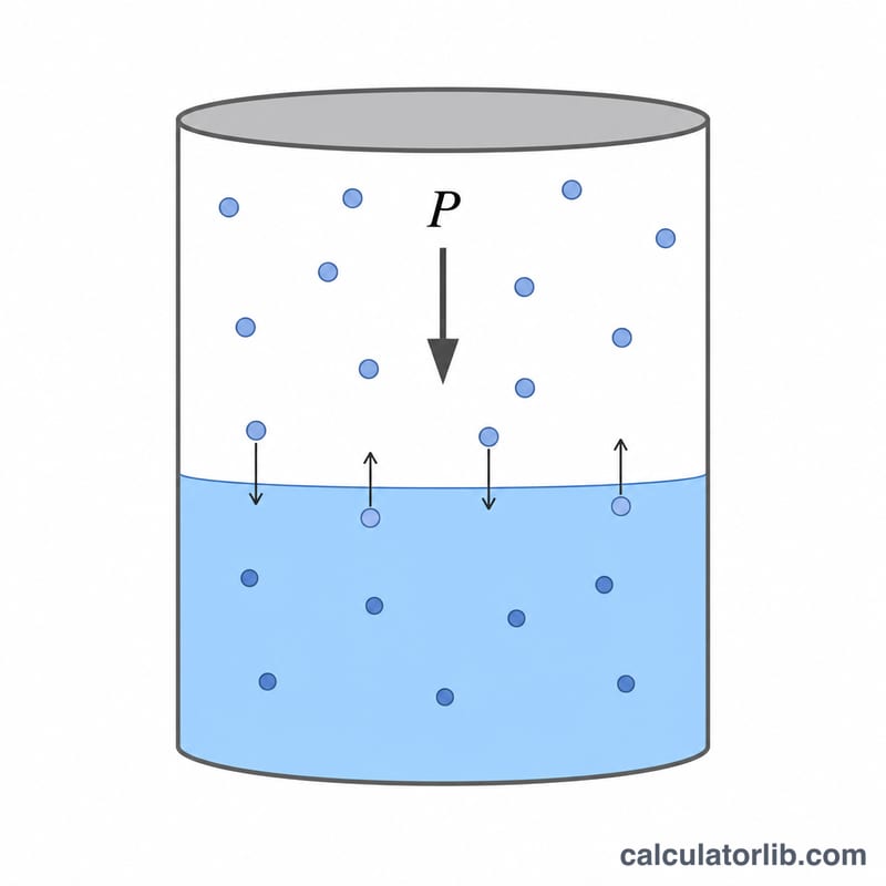 Diagram of a sealed container with gas above a liquid, gas molecules dissolving into the liquid