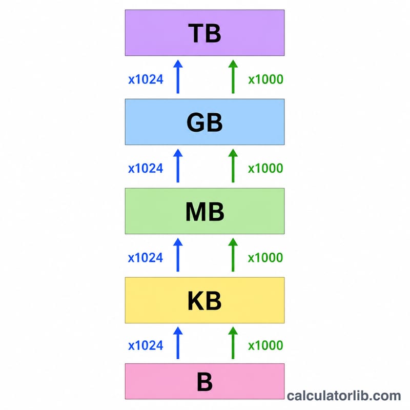 Stacked ladder of data units showing each step multiplies by 1024 in binary or 1000 in decimal