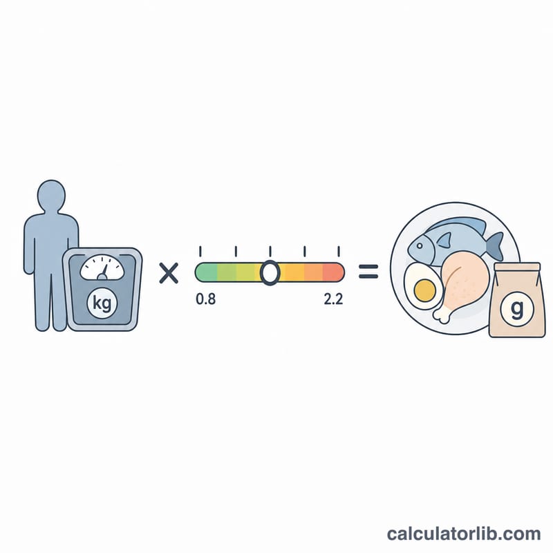 Diagram showing body weight multiplied by an activity factor to give grams of protein per day