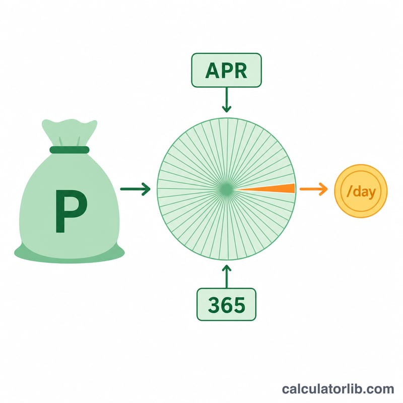 Diagram showing principal times APR divided by 365 equals daily interest