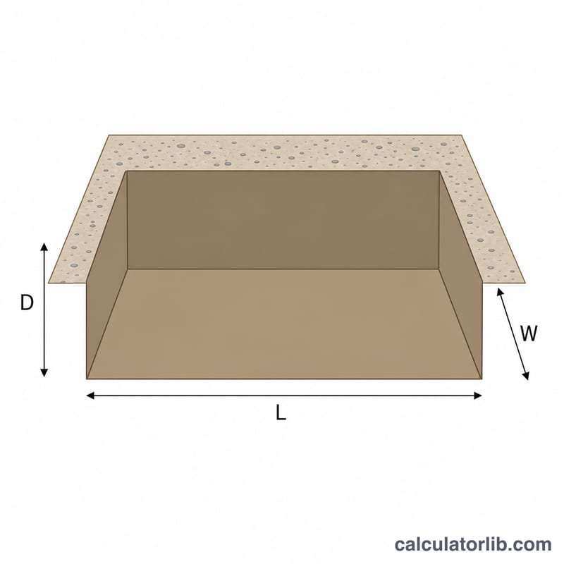 Rectangular volume with length, width and depth labeled L, W, D