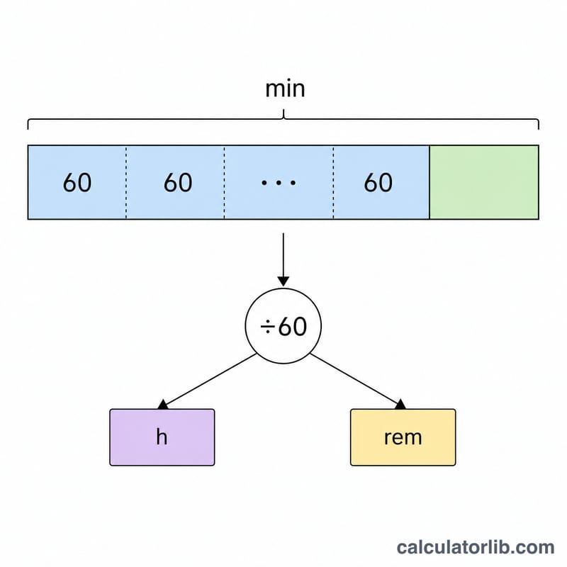 Total minutes split into whole hours and remaining minutes using division by 60