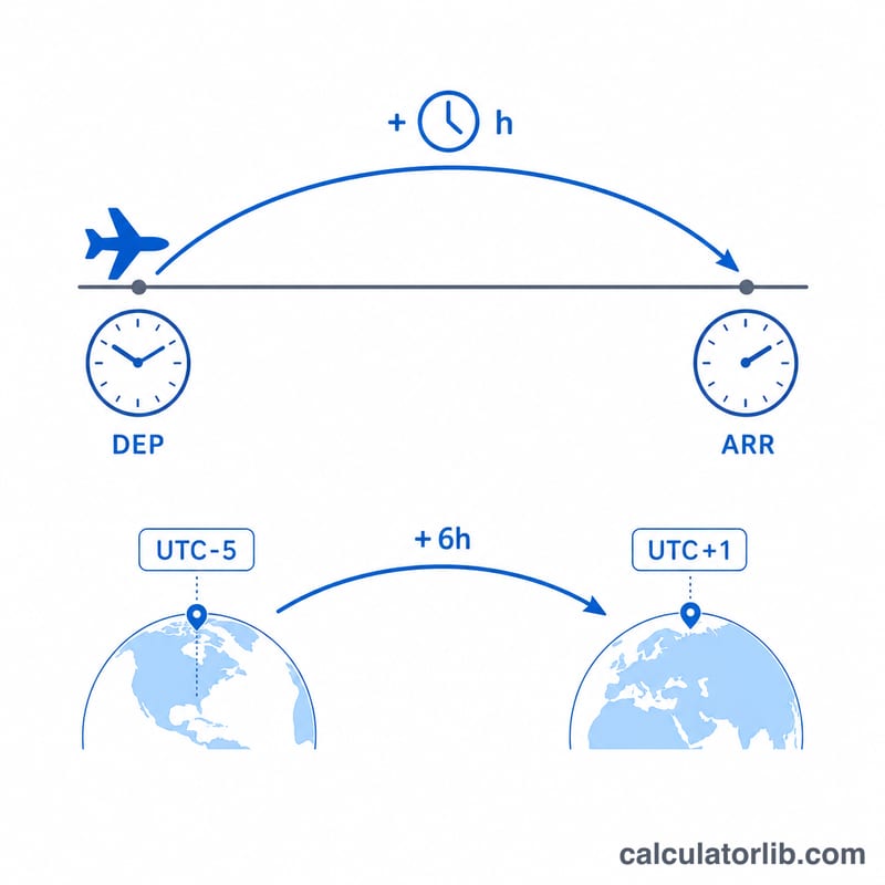 Diagram showing departure time plus flight duration plus time-zone offset difference equals local arrival time