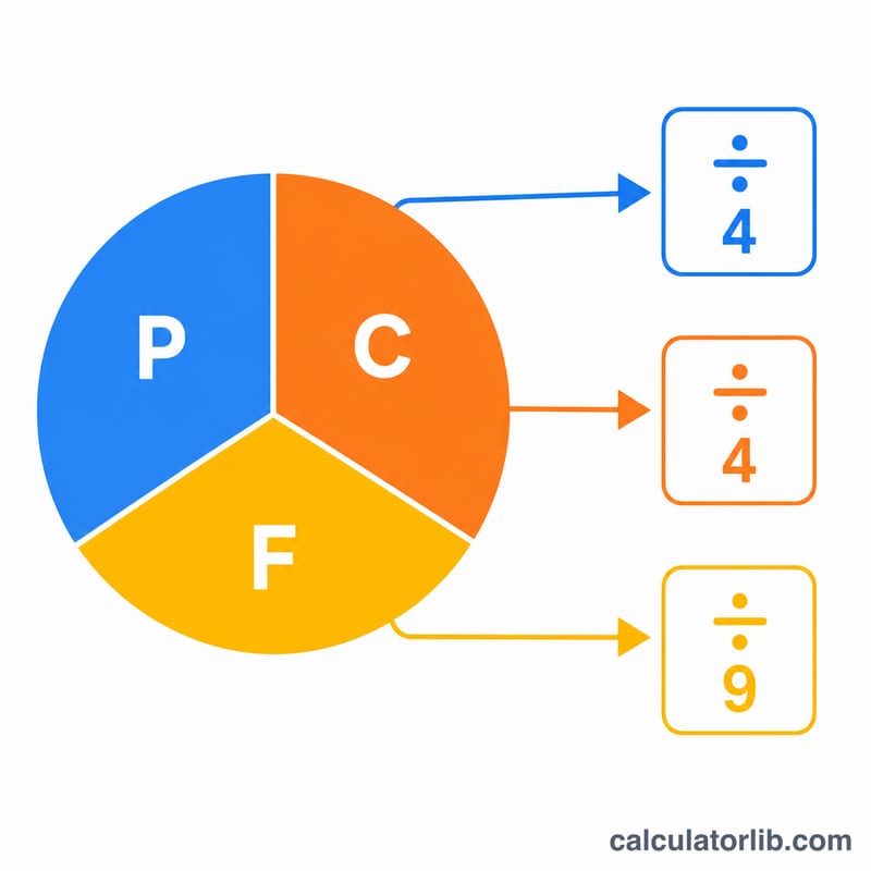 Pie chart of daily calories split into protein, carbs, and fat with their kcal-per-gram conversion factors